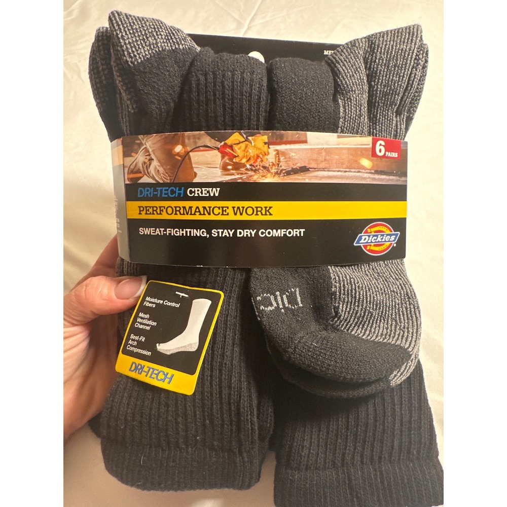 Dickies Dri-Tech Crew Performance Work Socks 6 Pair Pack Black Gray Mens 6-12